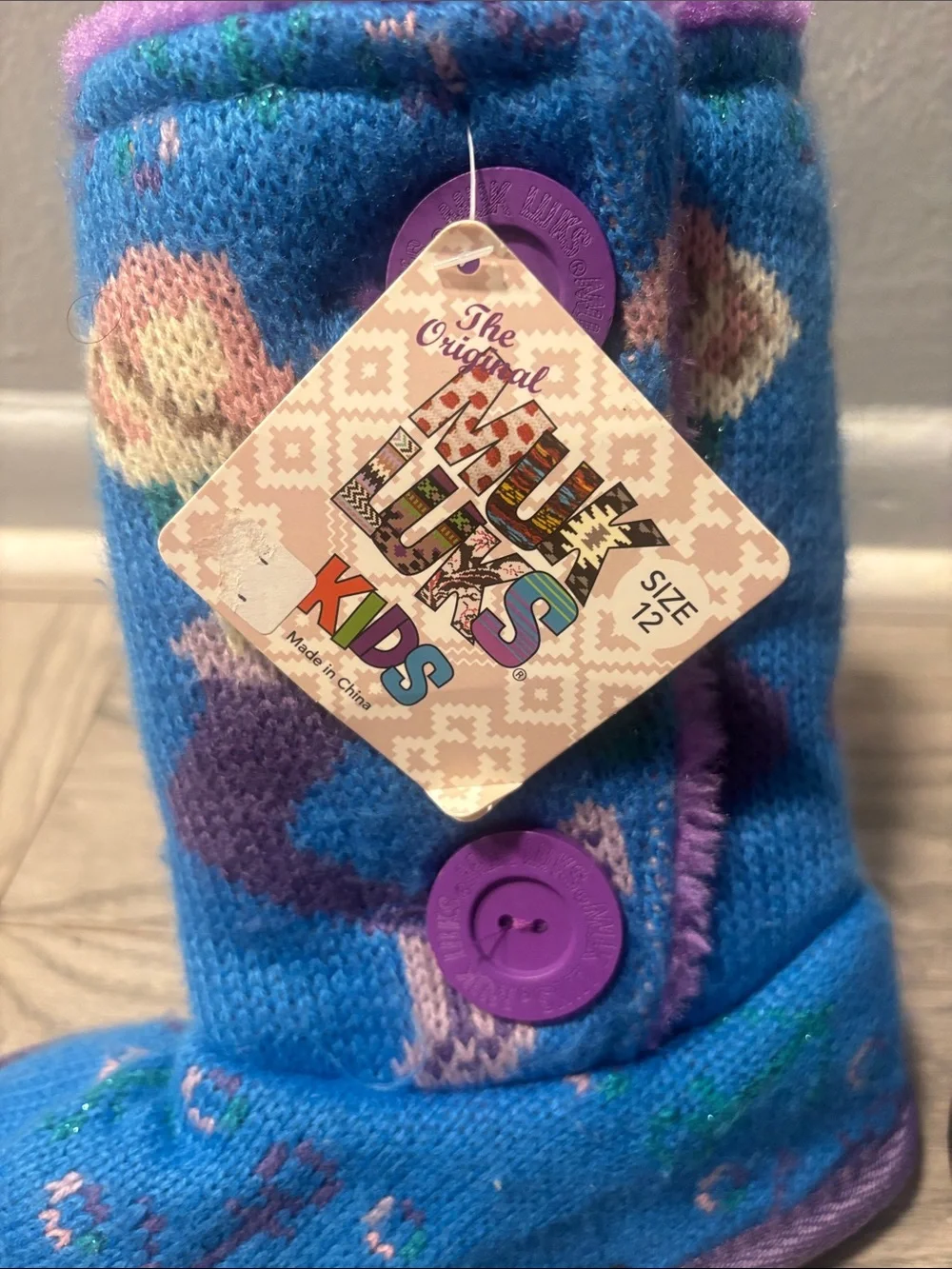 Kids Original Mukluks Blue and Purple Button-Up Winter Boots with Mermaid Design